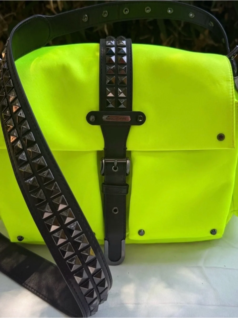 Michale Kors Neon Yellow Satchel with Black Strap Studded